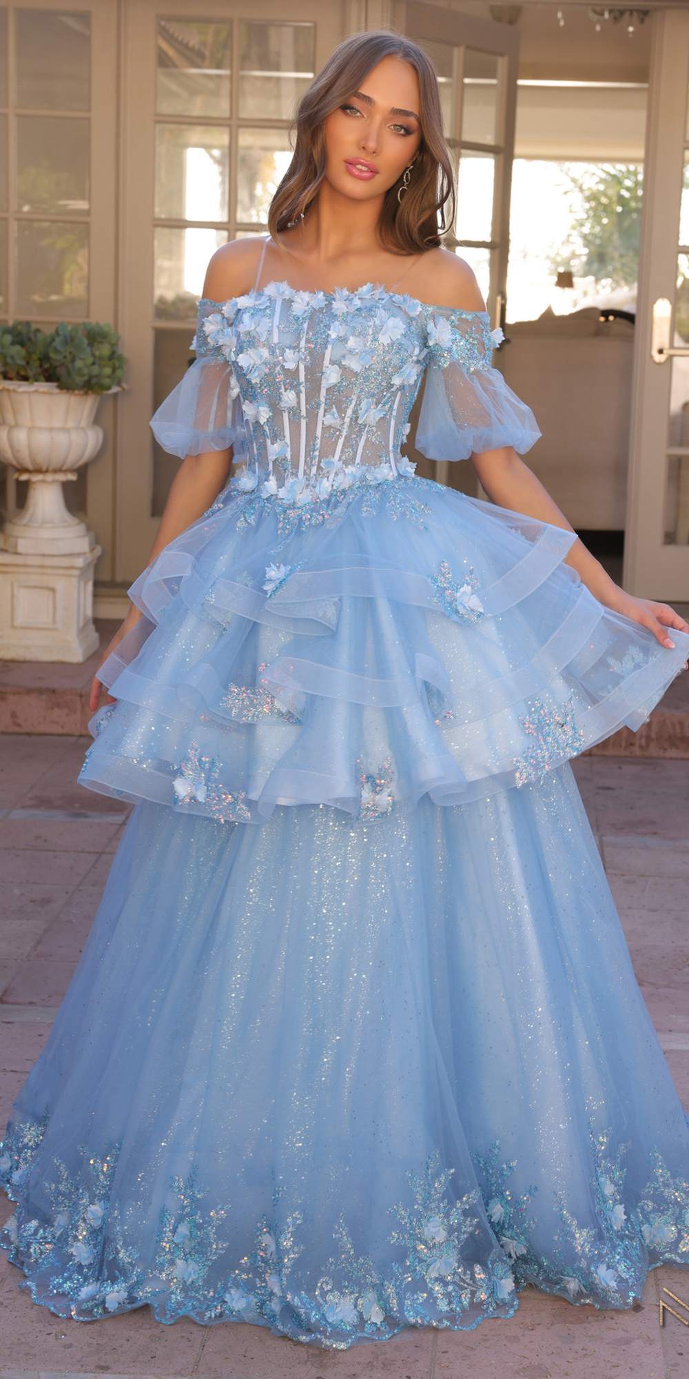 Nox Anabel H1360 Off the Shoulder 3D Floral A-Line Gown Removable Skirt - Glamourous Grace