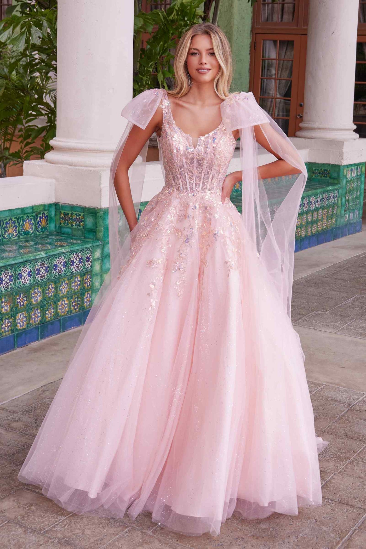 Nox Anabel H1680 Draped Tie-Up Straps Applique Tulle Dress - Glamourous Grace