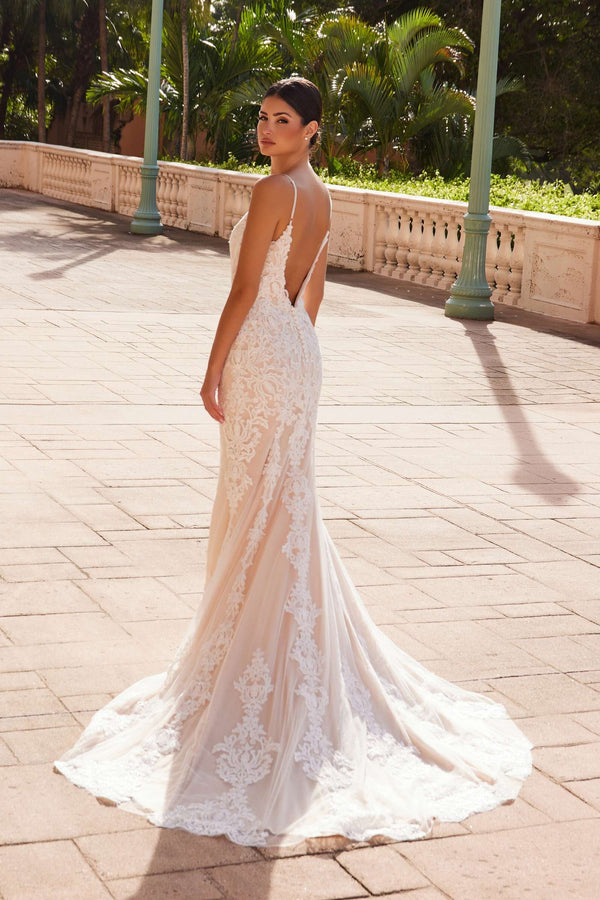 Nox Anabel H494 Spaghetti Strap V-Neckline Long Lace Wedding Gown - Glamourous Grace