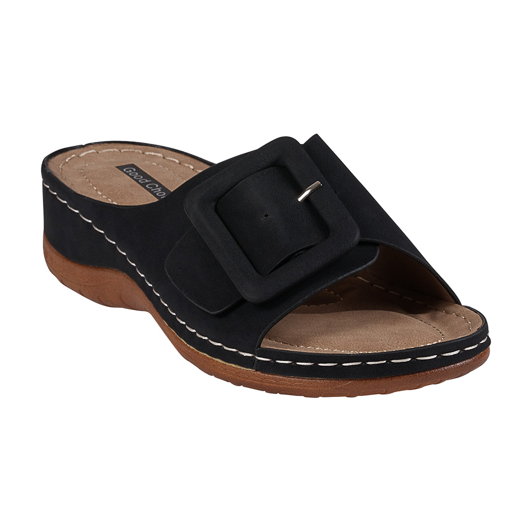 Women's Hamden Black Buckled Flat Sandals - Glamourous Grace