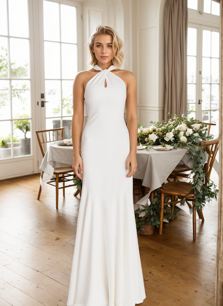 Haltered trumpet style Greece Goddess dress minimalist modern Satin wedding dress little white dress - Glamourous Grace