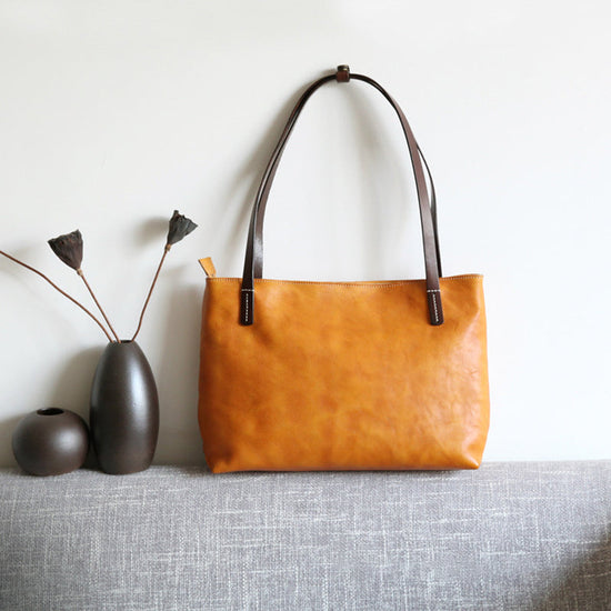 Handmade Vegetable Tanned Leather Tote Bag Leather Shopping Bag Vintage Woman Leather Shoulder Bag Large Work Tote Bag