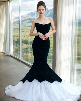 Herpben style strapless black velvet white tulle mermaid prom dress - Glamourous Grace