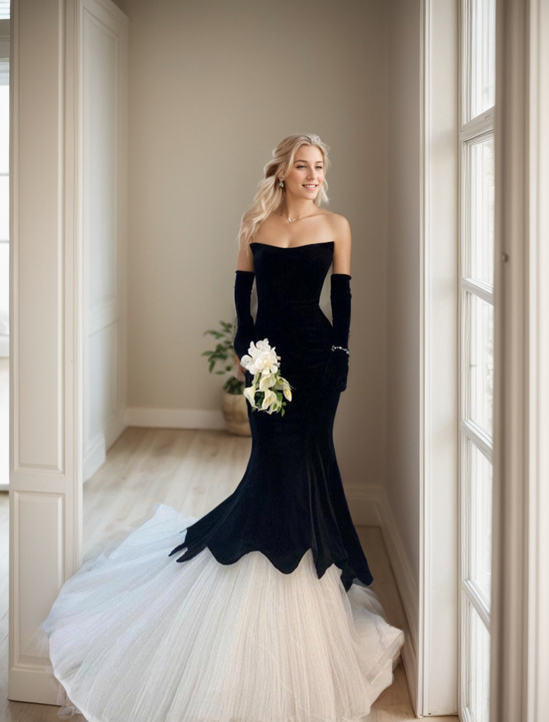 Herpben style strapless black velvet white tulle mermaid prom dress - Glamourous Grace