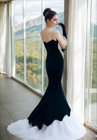 Herpben style strapless black velvet white tulle mermaid prom dress - Glamourous Grace