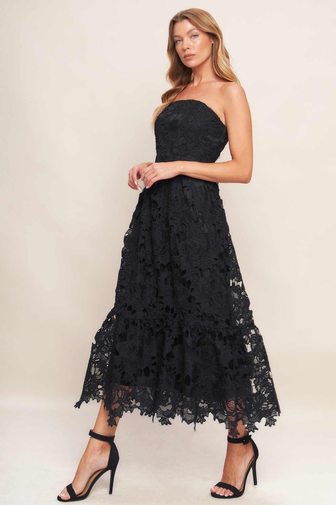 CAREFREE NIGHTS BLACK LACE MIDI DRESS - Glamourous Grace
