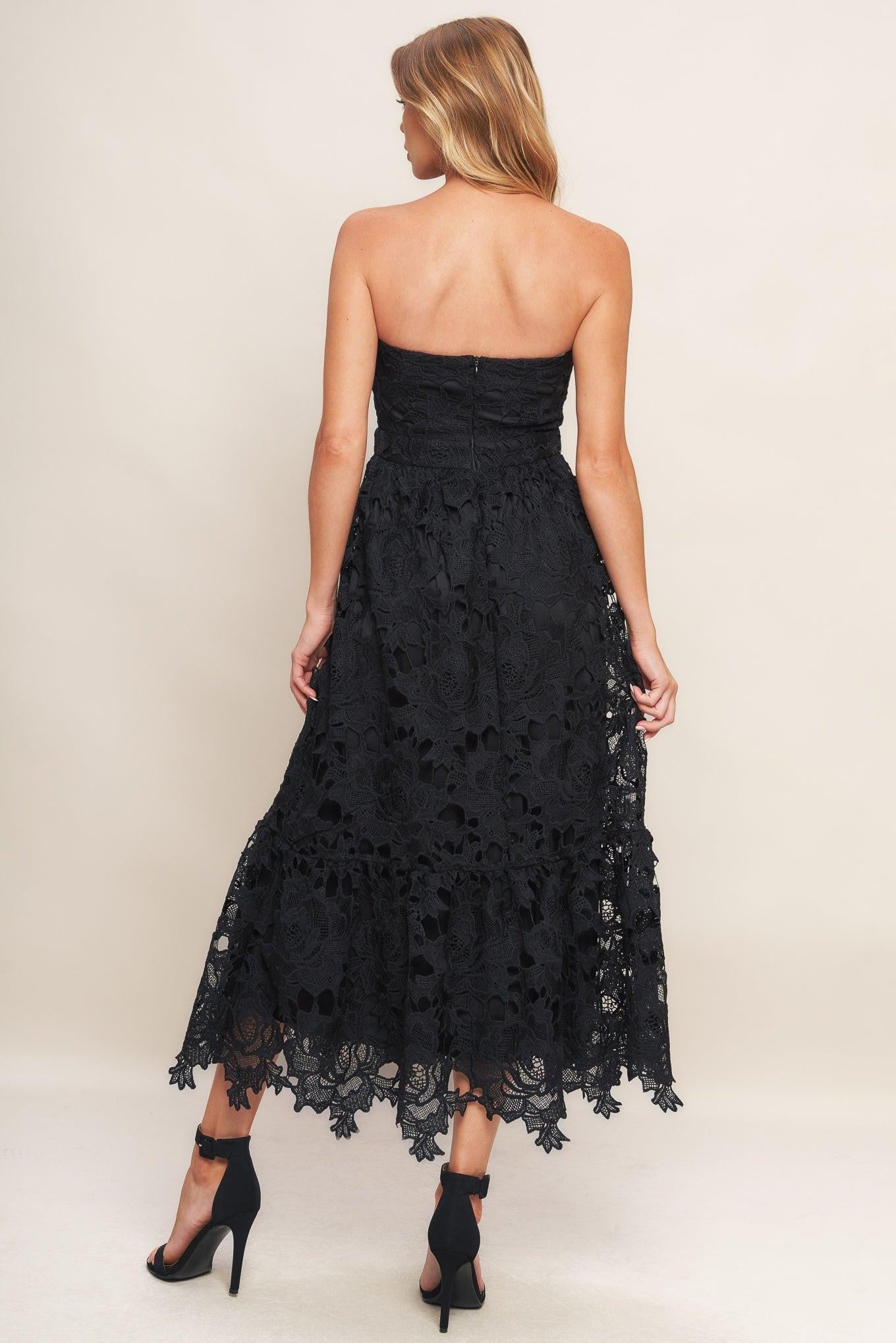 CAREFREE NIGHTS BLACK LACE MIDI DRESS - Glamourous Grace
