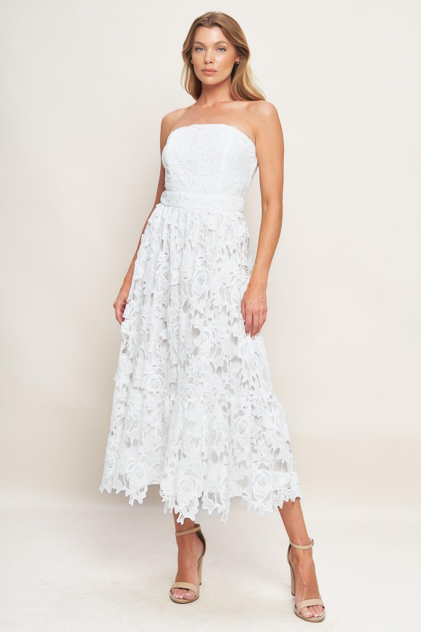 CAREFREE NIGHTS LACE OFF WHITE MIDI DRESS - Glamourous Grace