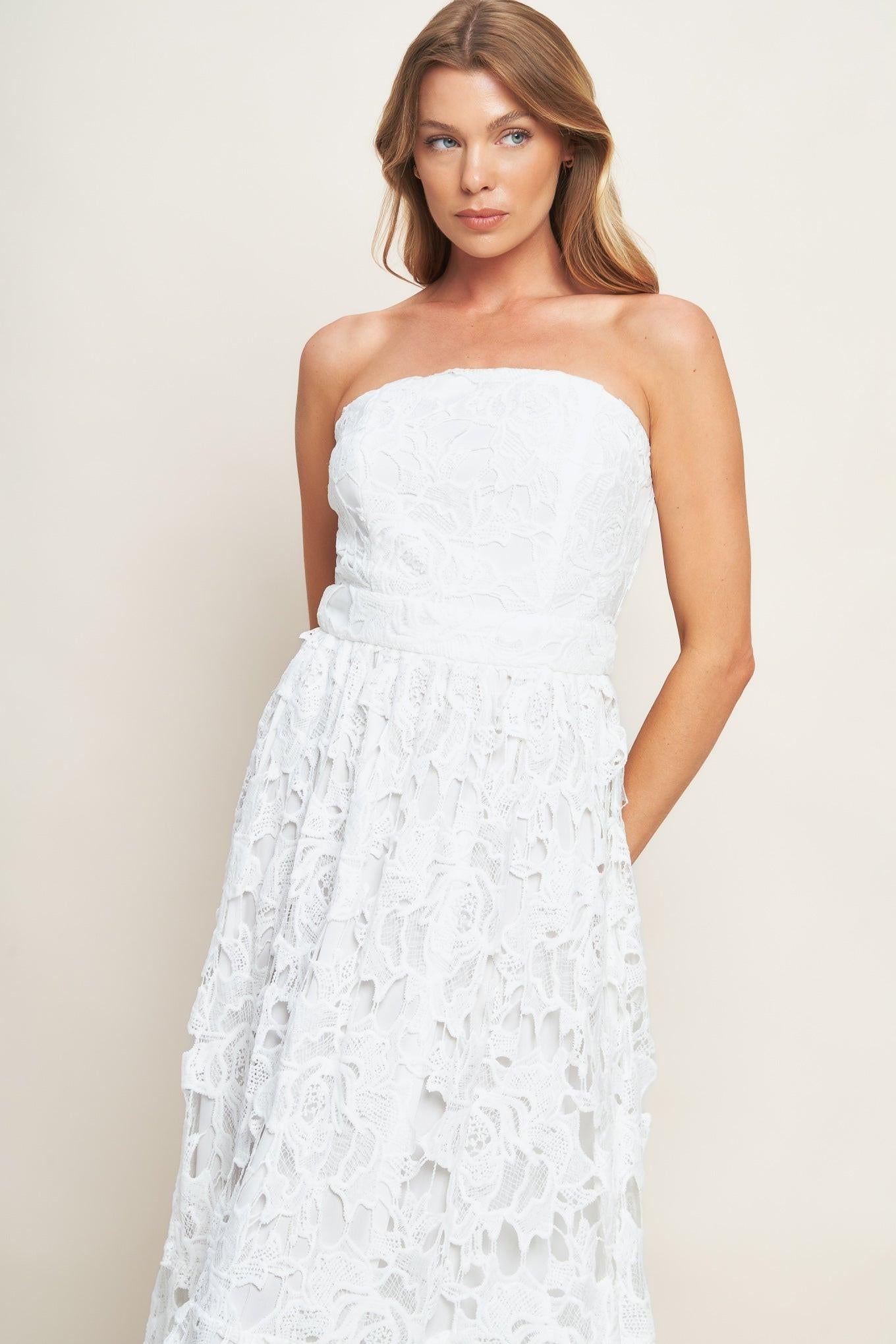 CAREFREE NIGHTS LACE OFF WHITE MIDI DRESS - Glamourous Grace
