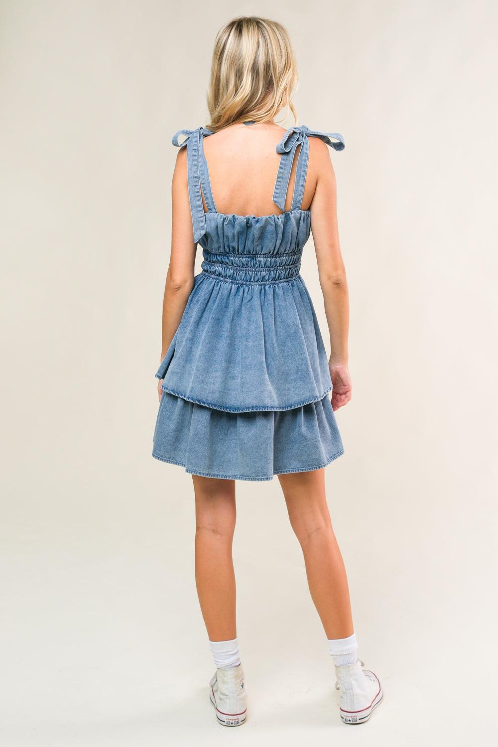 ALONG THE SHORELINE DENIM MINI DRESS - Glamourous Grace