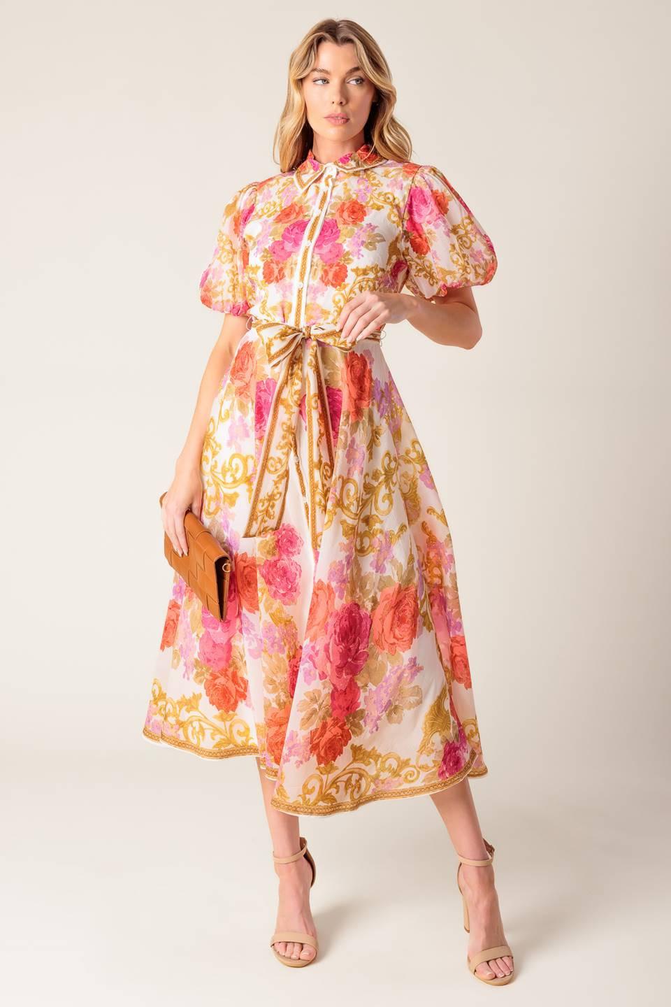GARDEN TAPESTRY IVORY FLORAL WOVEN MIDI DRESS - Glamourous Grace