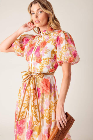GARDEN TAPESTRY IVORY FLORAL WOVEN MIDI DRESS - Glamourous Grace