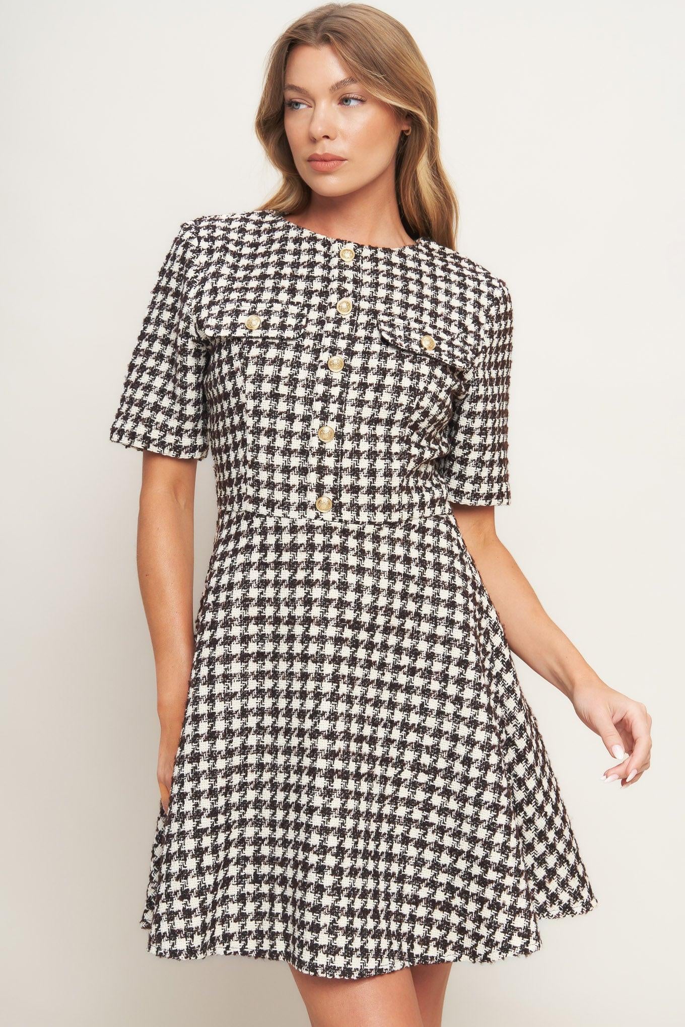 ELEGANT CHECK TWEED MINI DRESS - Glamourous Grace