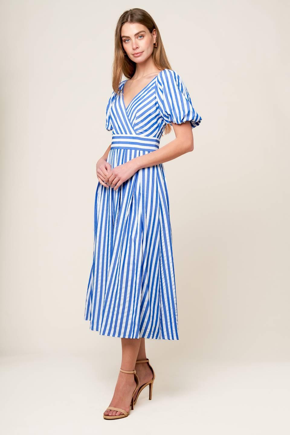 SUNSET STEPS BLUE WOVEN MIDI DRESS - Glamourous Grace