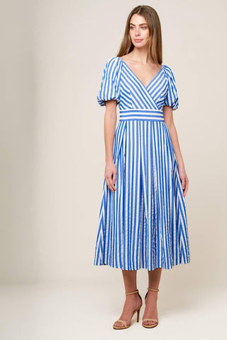 SUNSET STEPS BLUE WOVEN MIDI DRESS - Glamourous Grace