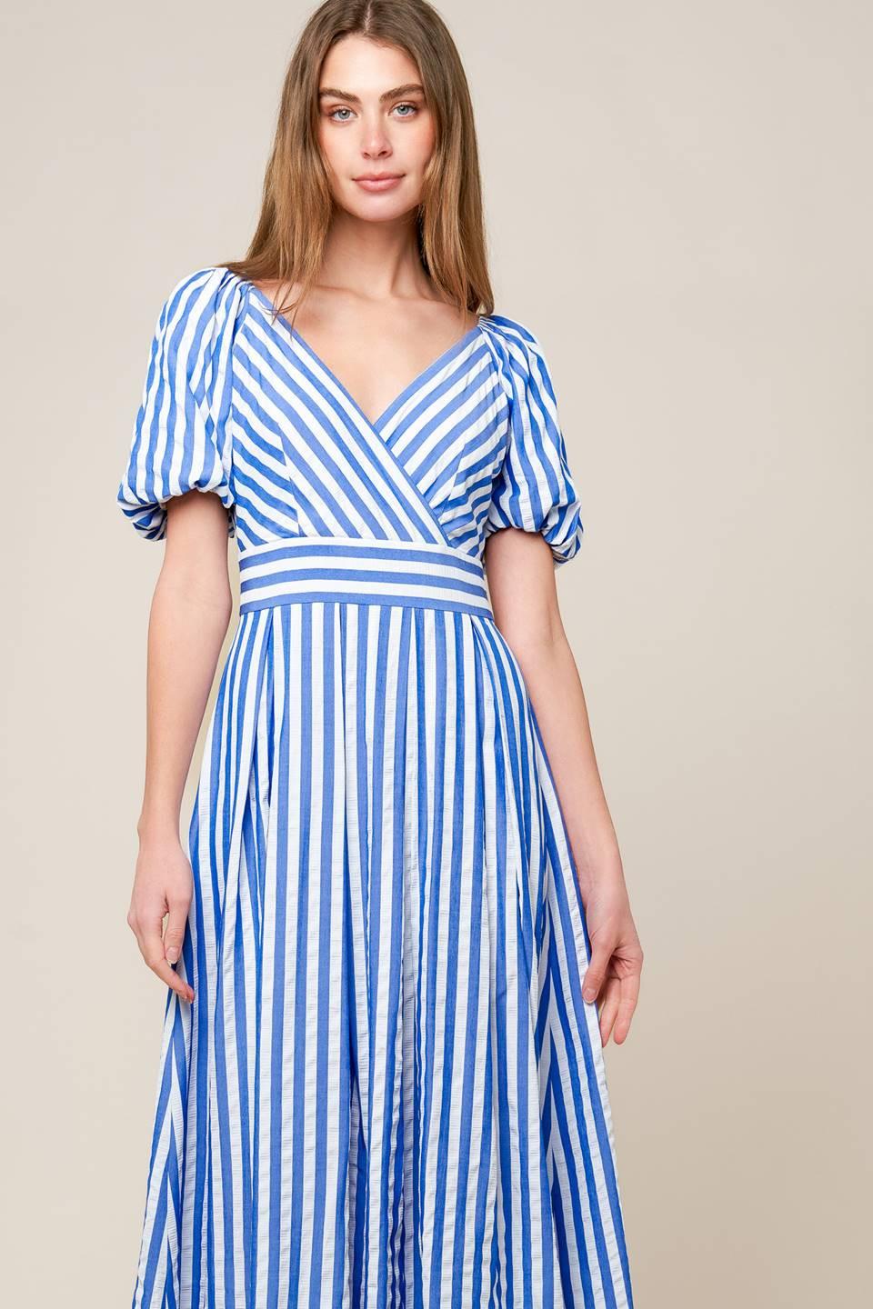 SUNSET STEPS BLUE WOVEN MIDI DRESS - Glamourous Grace