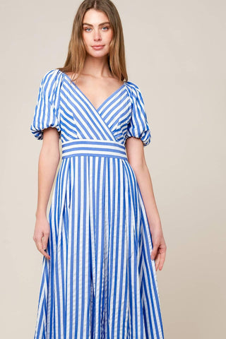 SUNSET STEPS BLUE WOVEN MIDI DRESS - Glamourous Grace