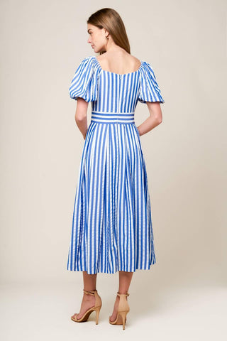SUNSET STEPS BLUE WOVEN MIDI DRESS - Glamourous Grace