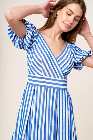 SUNSET STEPS BLUE WOVEN MIDI DRESS - Glamourous Grace