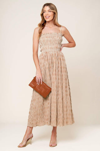 VALHALLA BROWN STRIPED WOVEN MIDI DRESS - Glamourous Grace