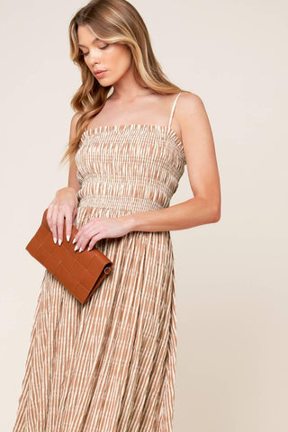 VALHALLA BROWN STRIPED WOVEN MIDI DRESS - Glamourous Grace