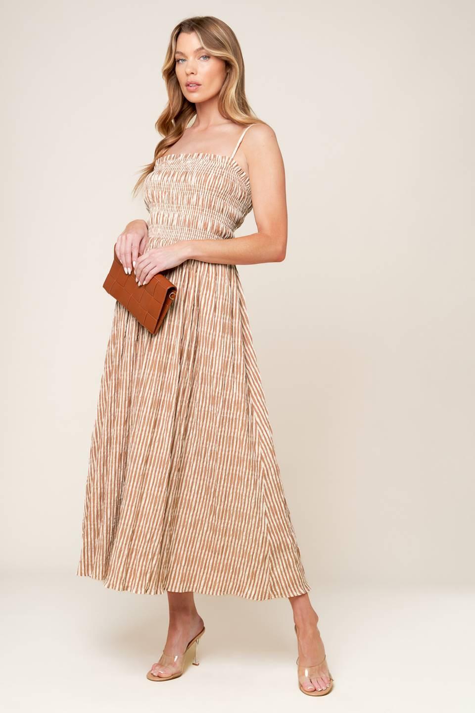 VALHALLA BROWN STRIPED WOVEN MIDI DRESS - Glamourous Grace