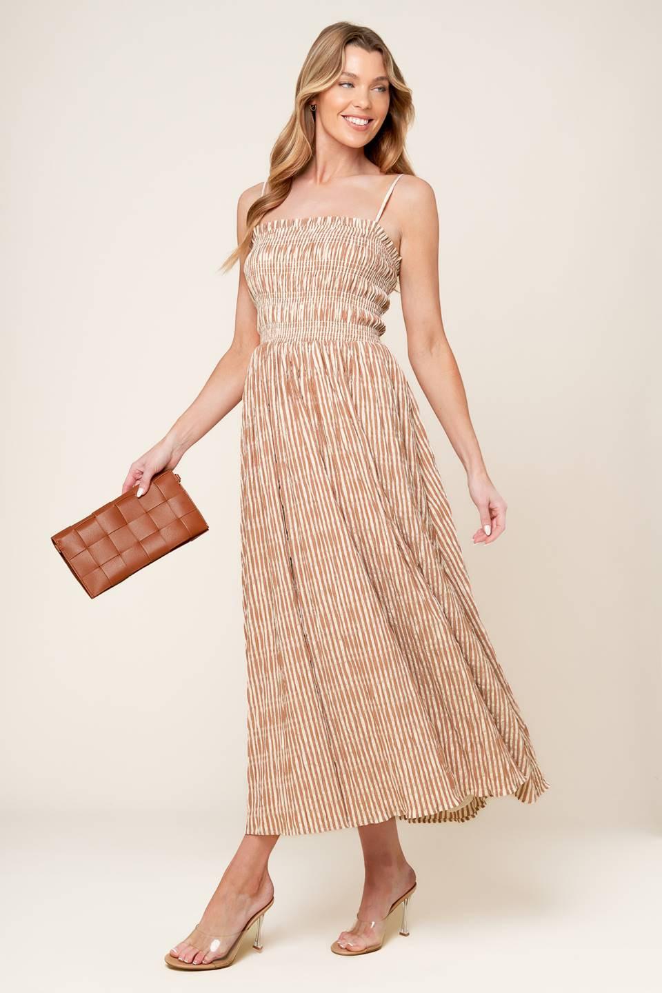 VALHALLA BROWN STRIPED WOVEN MIDI DRESS - Glamourous Grace