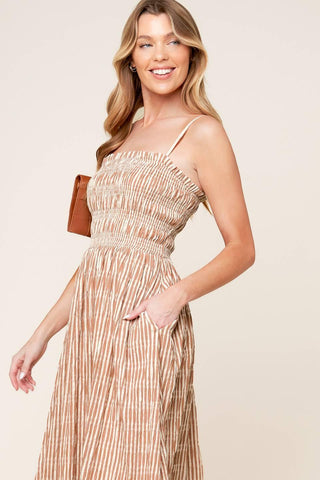 VALHALLA BROWN STRIPED WOVEN MIDI DRESS - Glamourous Grace