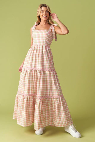 IMAGINE THAT GREEN PINK PLAID MIDI DRESS - Glamourous Grace