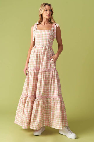 IMAGINE THAT GREEN PINK PLAID MIDI DRESS - Glamourous Grace