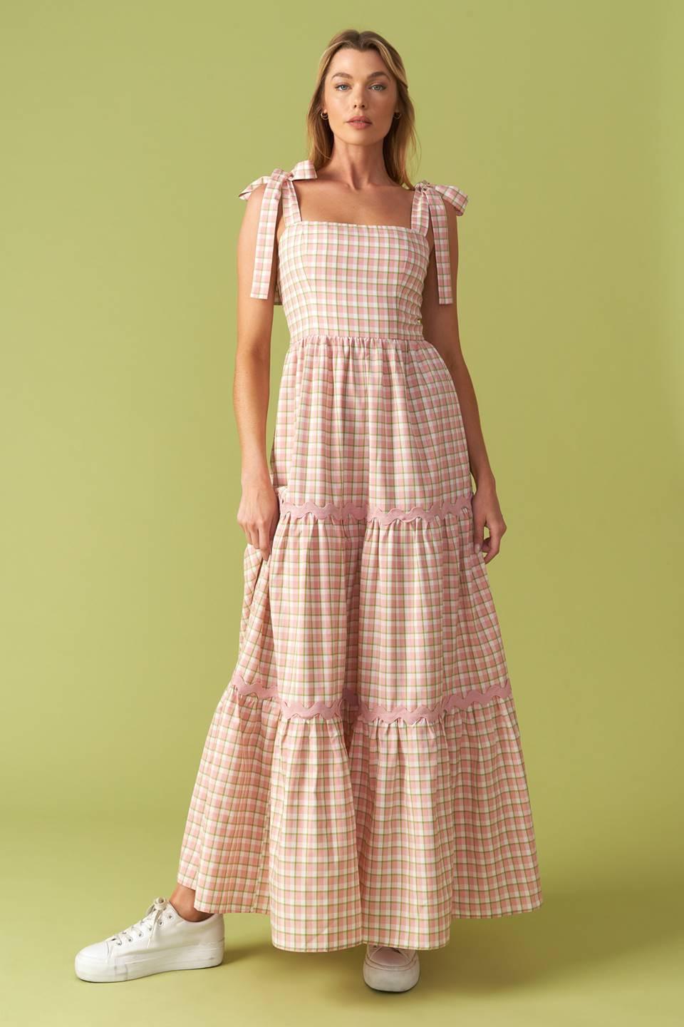 IMAGINE THAT GREEN PINK PLAID MIDI DRESS - Glamourous Grace