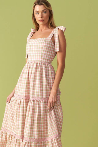 IMAGINE THAT GREEN PINK PLAID MIDI DRESS - Glamourous Grace