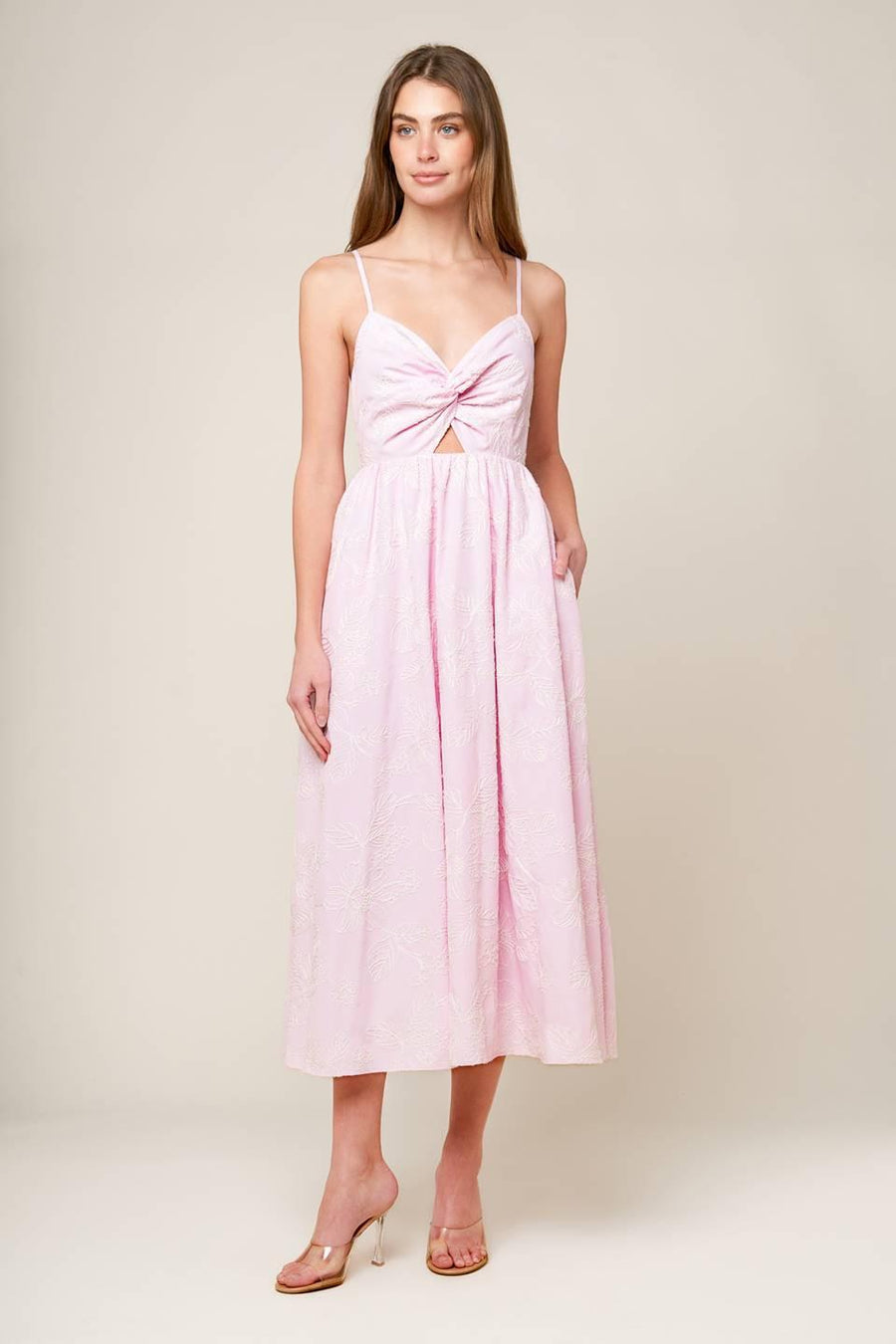 ALONG THE SHORE PINK WOVEN MIDI DRESS - Glamourous Grace