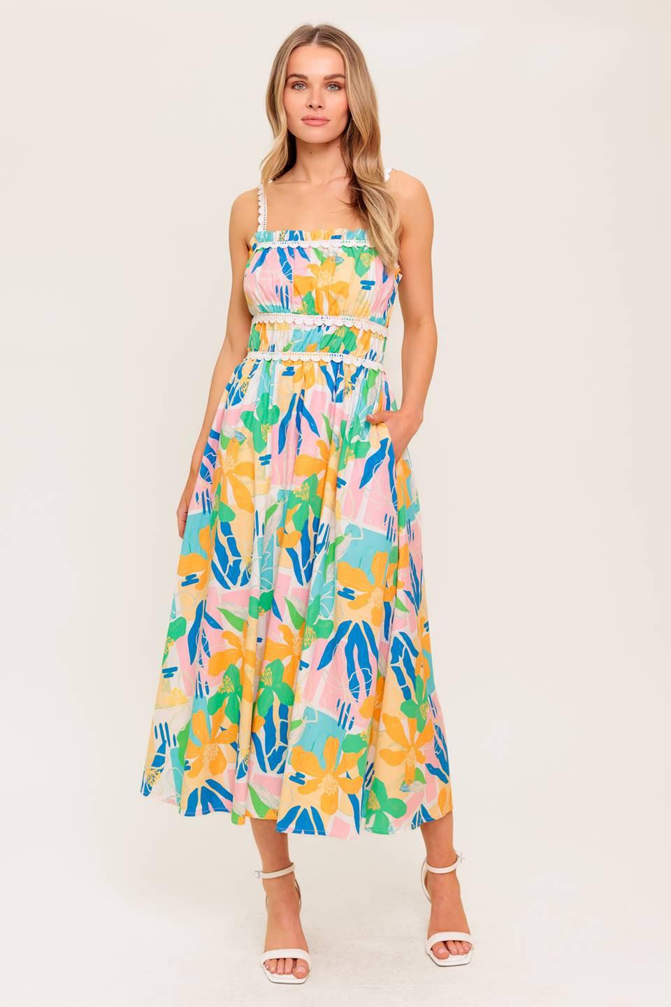 SUNLIT GARDEN PINK BLUE WOVEN MIDI DRESS - Glamourous Grace