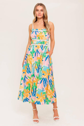 SUNLIT GARDEN PINK BLUE WOVEN MIDI DRESS - Glamourous Grace