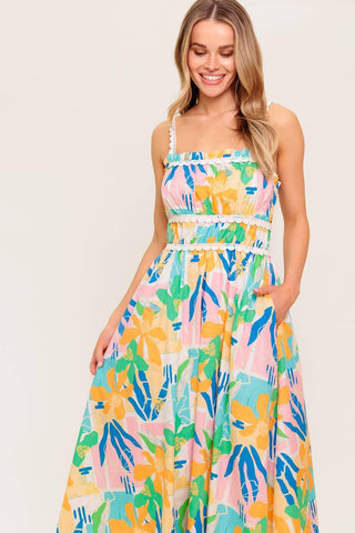 SUNLIT GARDEN PINK BLUE WOVEN MIDI DRESS - Glamourous Grace