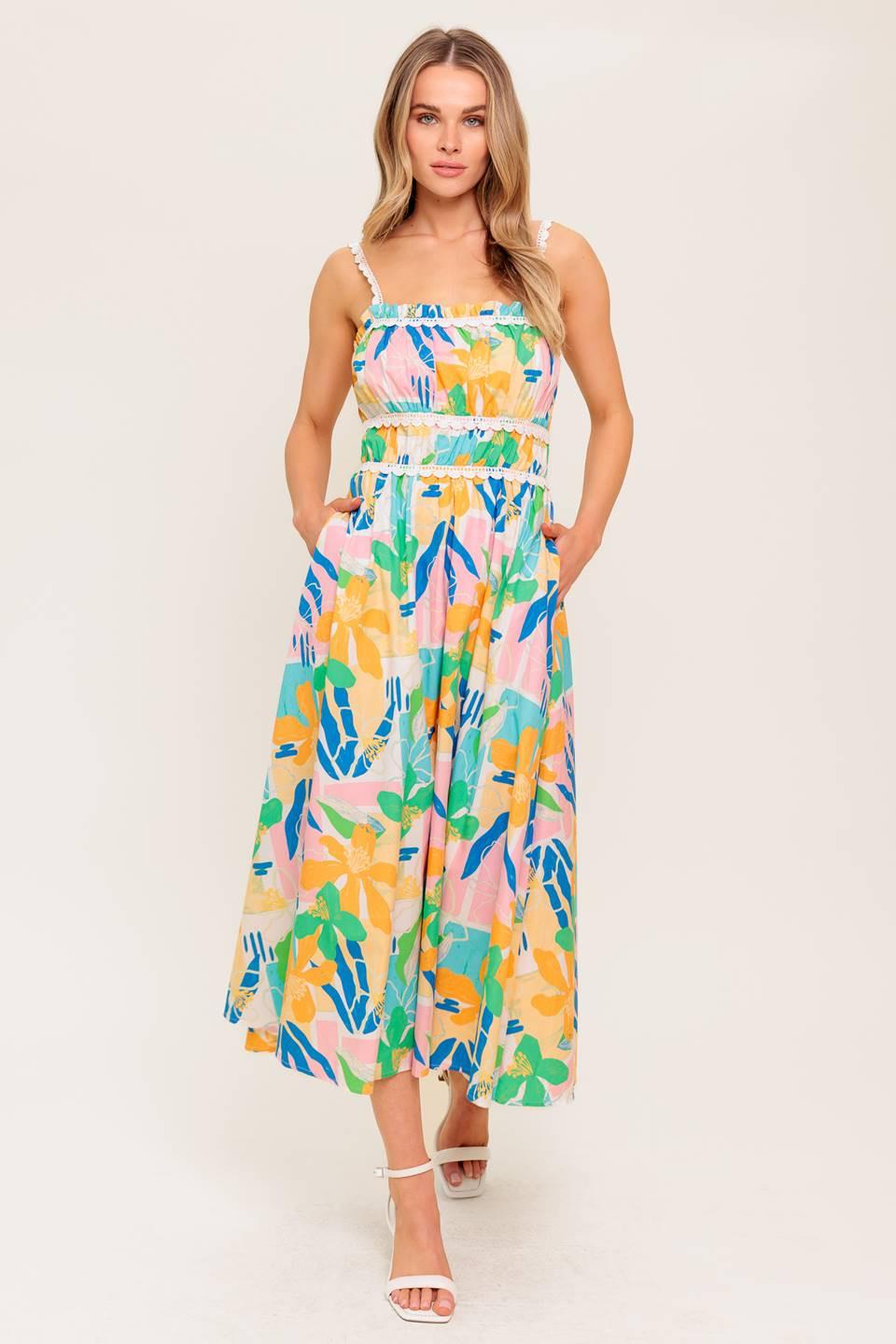 SUNLIT GARDEN PINK BLUE WOVEN MIDI DRESS - Glamourous Grace
