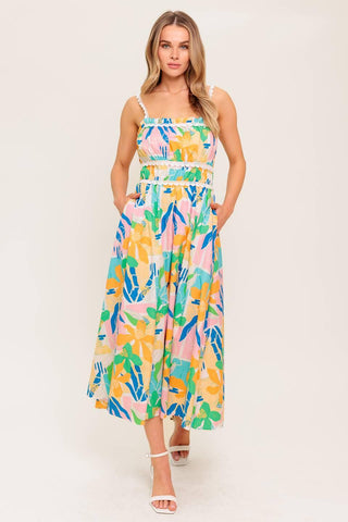 SUNLIT GARDEN PINK BLUE WOVEN MIDI DRESS - Glamourous Grace