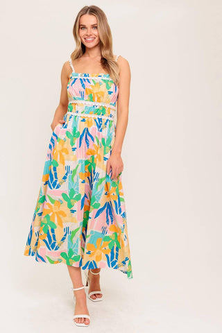 SUNLIT GARDEN PINK BLUE WOVEN MIDI DRESS - Glamourous Grace