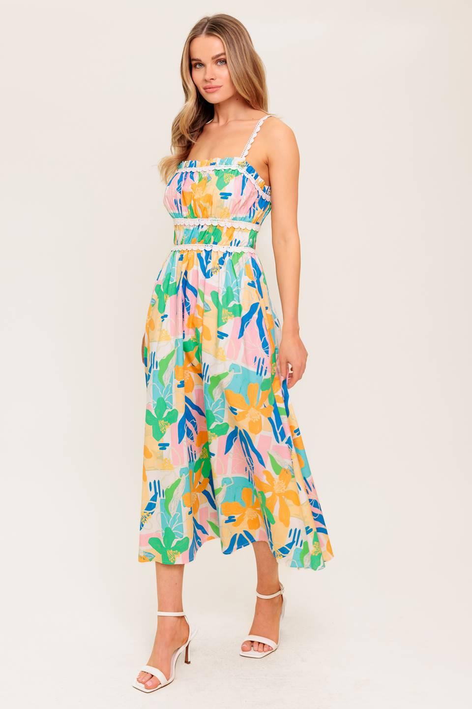 SUNLIT GARDEN PINK BLUE WOVEN MIDI DRESS - Glamourous Grace