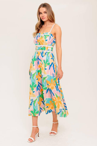 SUNLIT GARDEN PINK BLUE WOVEN MIDI DRESS - Glamourous Grace