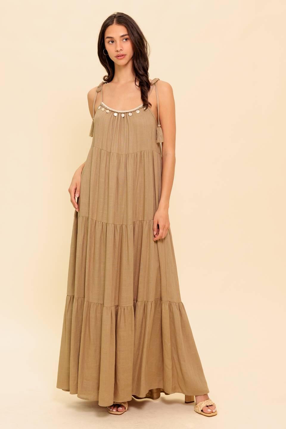 WORLD OF POSSIBLILITIES TAUPE WOVEN MAXI DRESS - Glamourous Grace