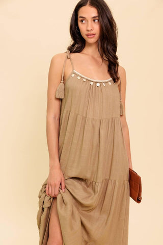 WORLD OF POSSIBLILITIES TAUPE WOVEN MAXI DRESS - Glamourous Grace