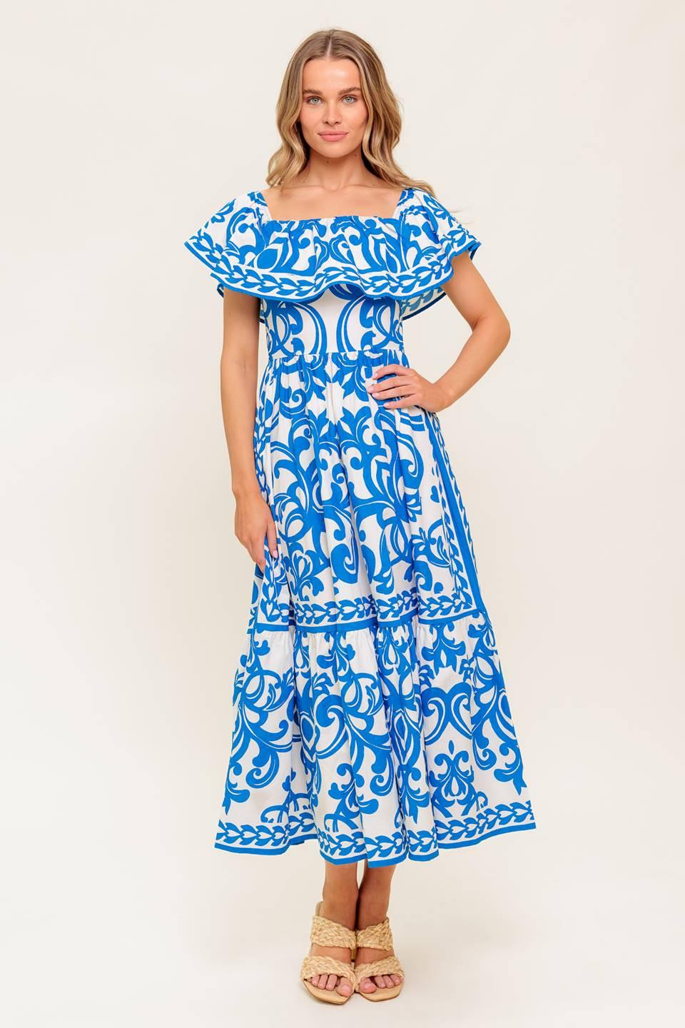 BLOOM SERENADE BLUE WOVEN MIDI DRESS - Glamourous Grace