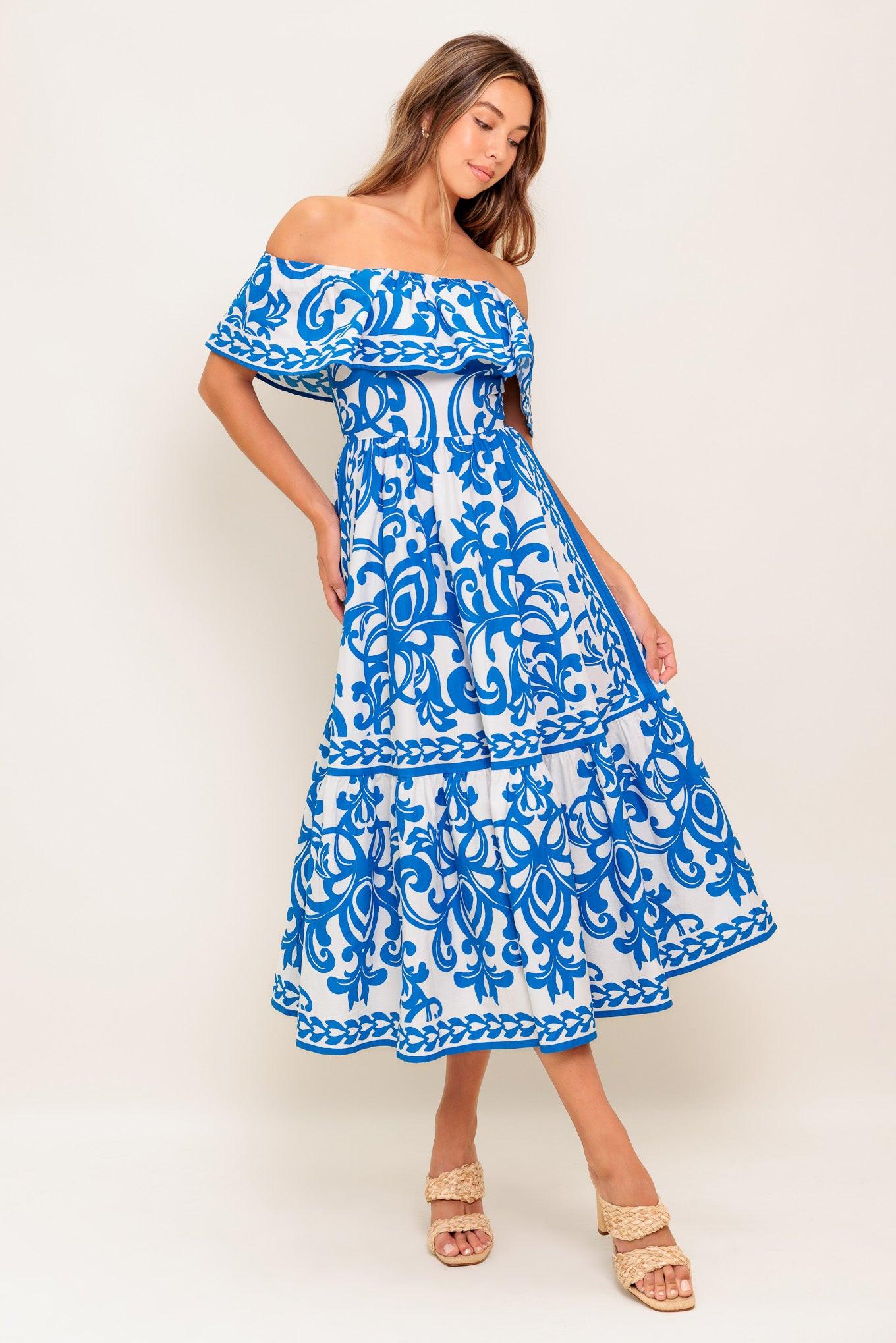 BLOOM SERENADE BLUE WOVEN MIDI DRESS - Glamourous Grace