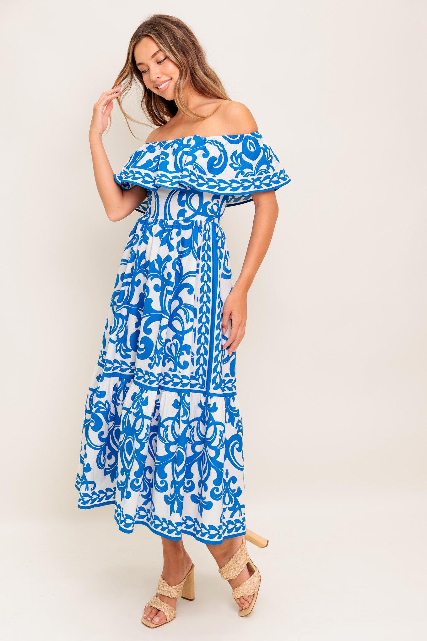 BLOOM SERENADE BLUE WOVEN MIDI DRESS - Glamourous Grace