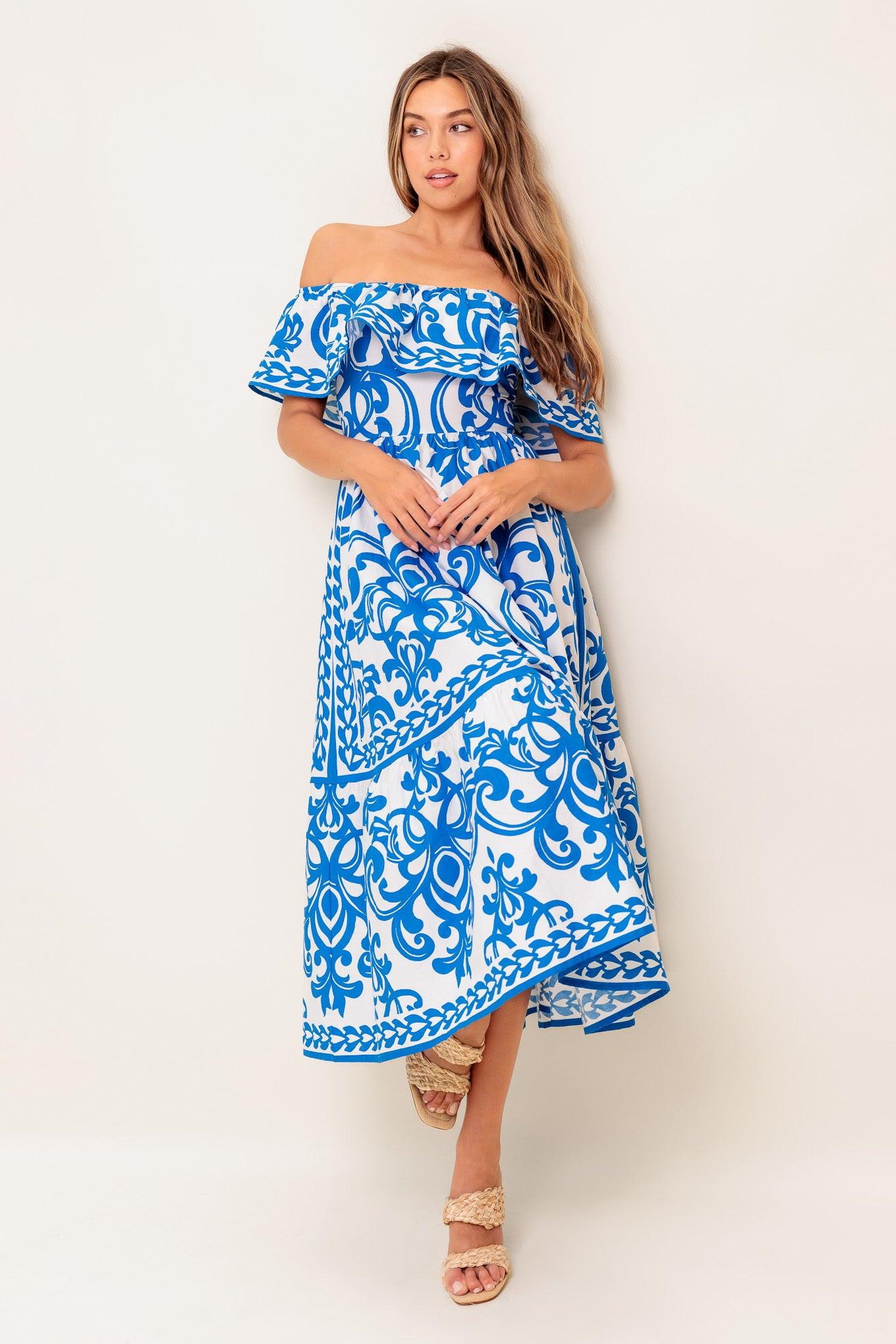 BLOOM SERENADE BLUE WOVEN MIDI DRESS - Glamourous Grace