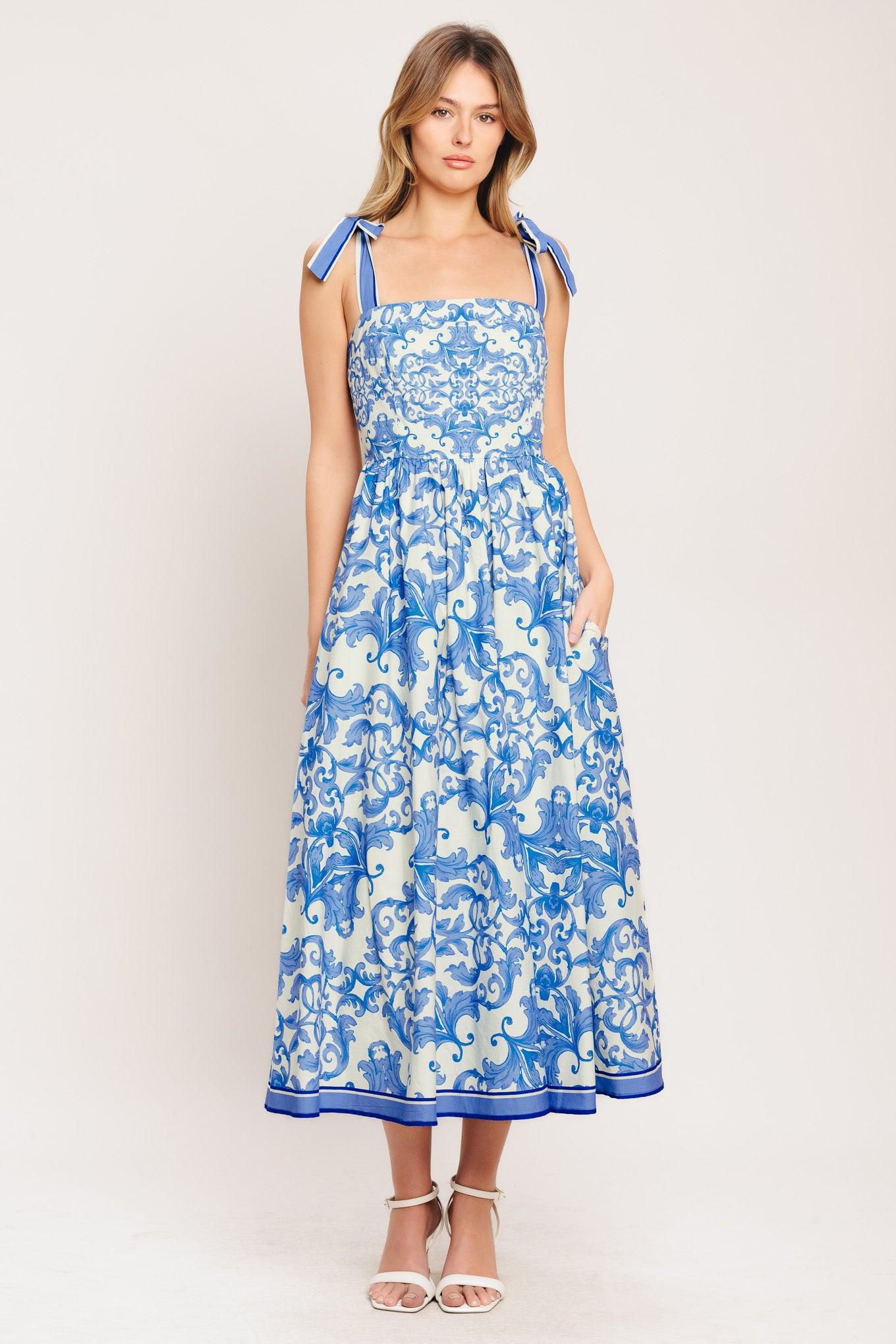AZURE SCROLL WOVEN MIDI DRESS - Glamourous Grace