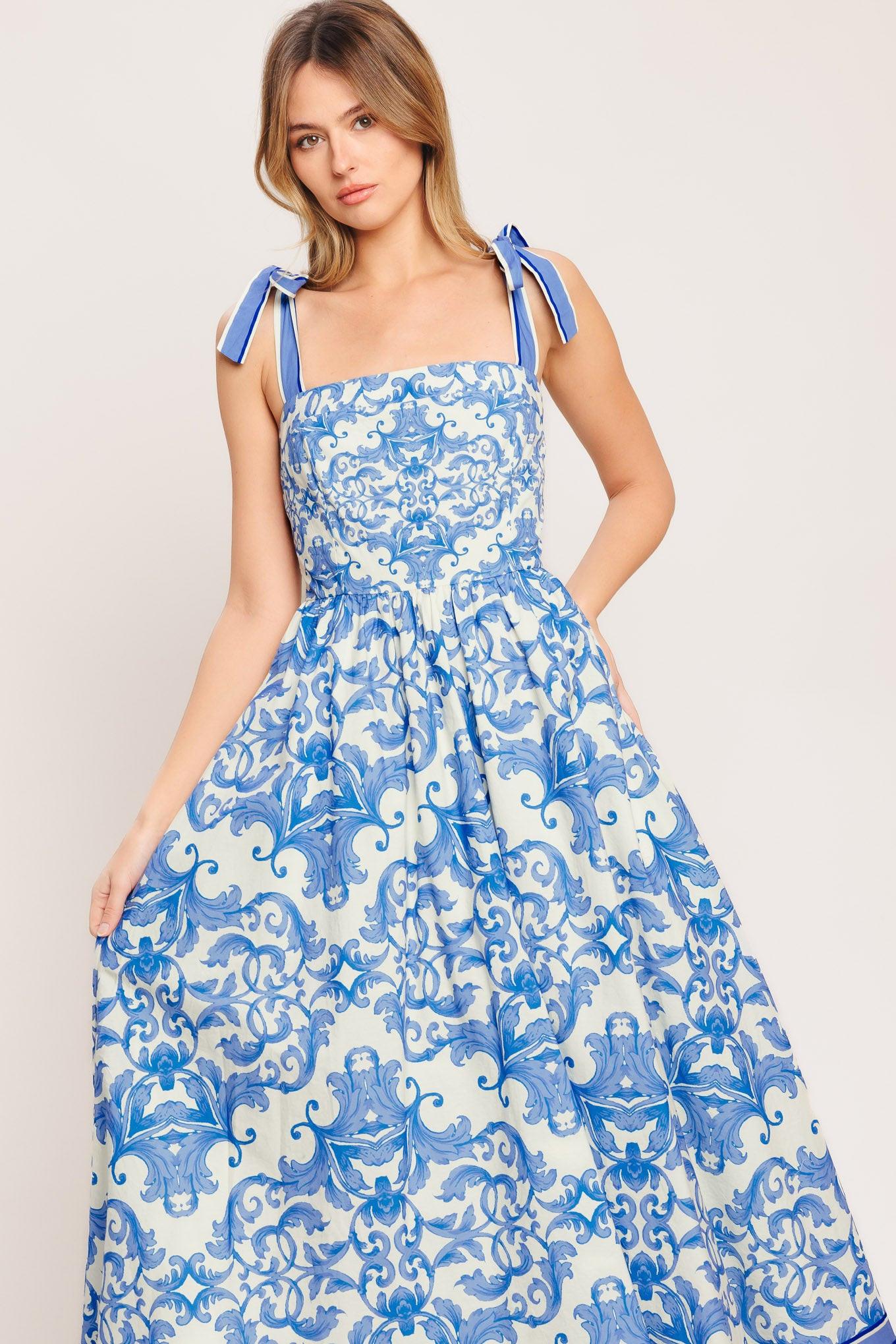 AZURE SCROLL WOVEN MIDI DRESS - Glamourous Grace