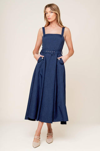 RAULAND NAVY WOVEN MIDI DRESS - Glamourous Grace